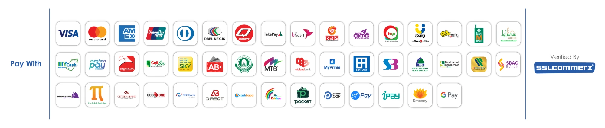 Pay with cards, mobile banking, internet banking and wallets — verified by SSLCommerz